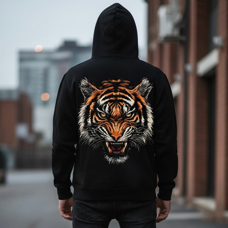 Savage Hoodie – Heavyweight Black Hoodie with Tiger Back Prin