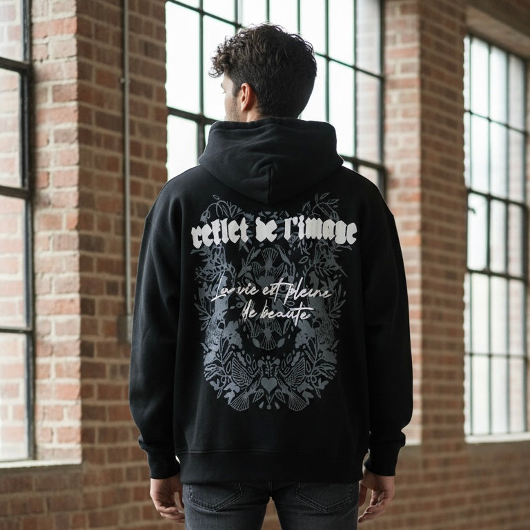 Premium Black Graphic Hoodie – “La vie est pleine de beauté”
