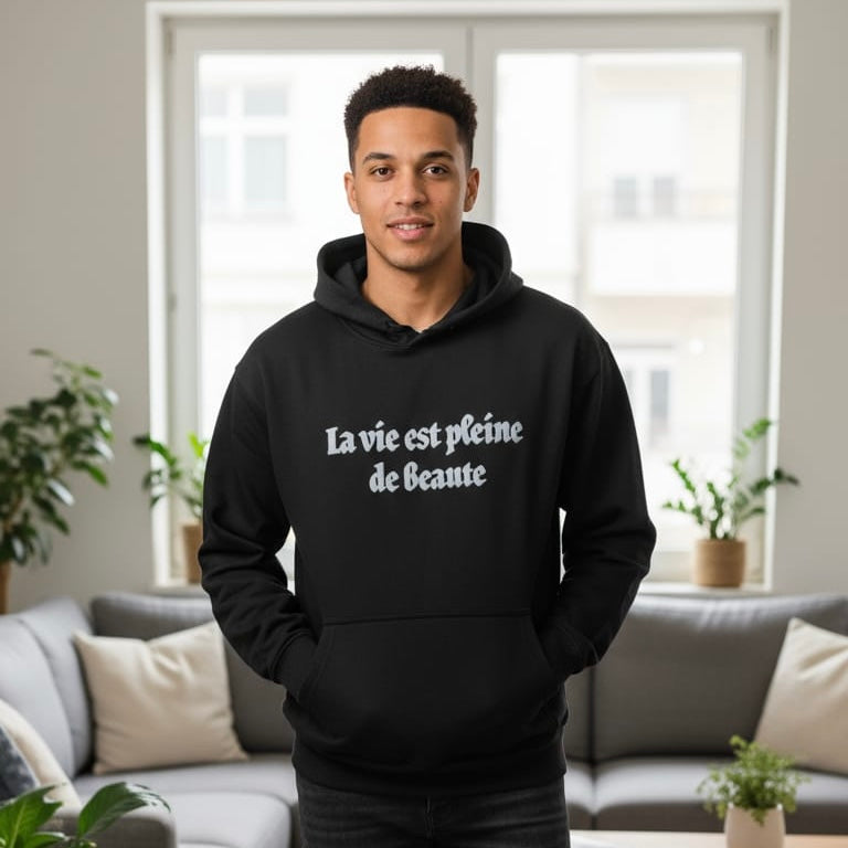 Premium Black Graphic Hoodie – “La vie est pleine de beauté”