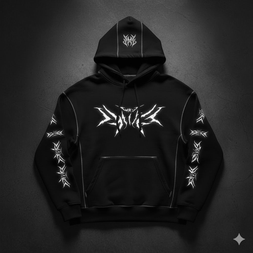 Tribal Glow Oversized Black Hoodie – White Reflective Edition