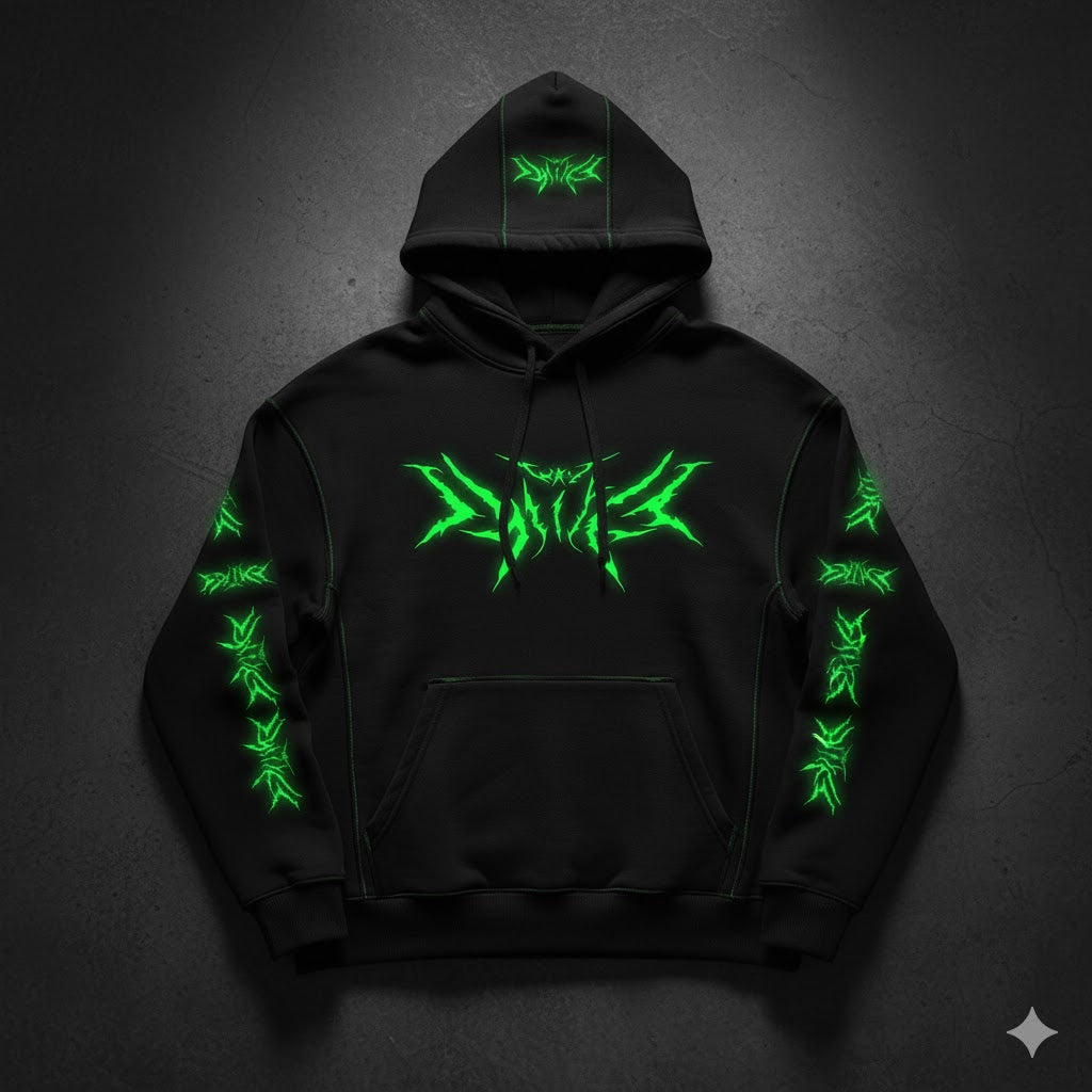 Tribal Neon Oversized Black Hoodie – Green Glow Edition