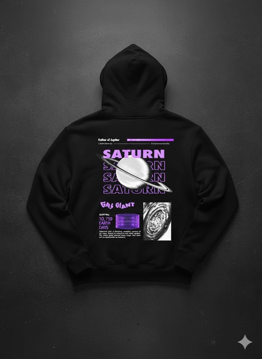 Saturn Cosmic Oversized Black Hoodie – Space Explorer Edition