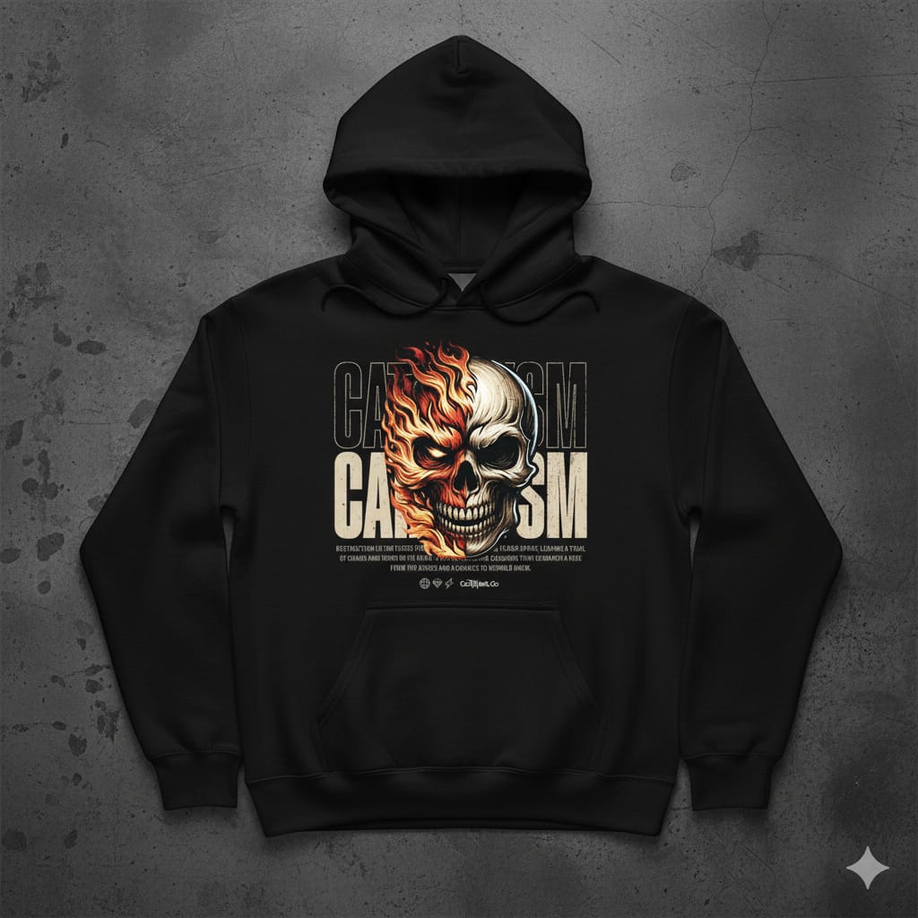 Cataclysm Fire Skull Oversized Black Hoodie – Street Inferno Edition