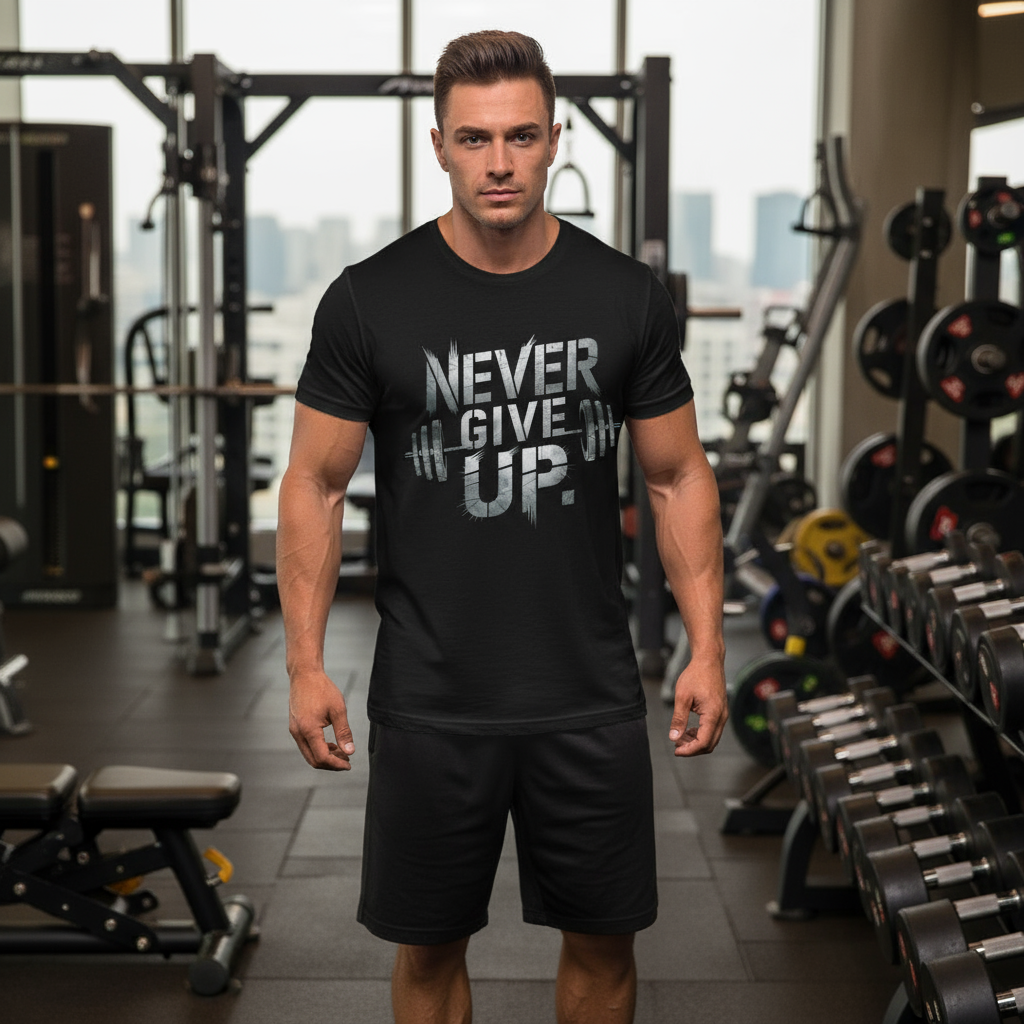 "Men’s Motivational Gym T-Shirt – Never Give Up Print | Fitness Workout Tee"