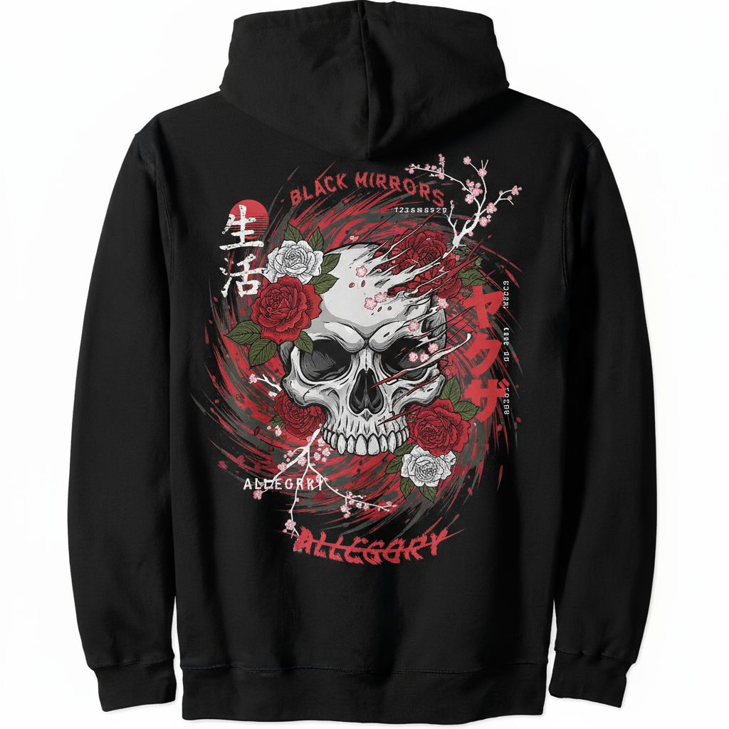 Black Mirrors Hoodie – Japanese Skull & Roses | 440 GSM Heavyweight Streetwear